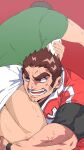  2boys bara brown_hair facial_hair gunzo_(tokyo_houkago_summoners) highres k_ei3k leg_grab male_focus multiple_boys muscular muscular_male pectorals rugby rugby_uniform scar_on_arm shirt short_hair shorts sideburns sportswear stubble sweat tackle thick_eyebrows thick_thighs thighs tight tight_shirt tokyo_houkago_summoners white_shorts wrestling_outfit 