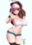  1girl artist_name bare_shoulders baseball_cap black_legwear black_panties blue_eyes breasts brown_hair cleavage collarbone covered_nipples crop_top denim denim_shorts hat head_tilt highres hilda_(pokemon) large_breasts long_hair navel no_bra panties pokemon pokemon_(game) pokemon_bw ponytail shirt shorts signature simple_background smile solo stomach string_panties thigh_gap thighhighs thighs tiger1001 underwear v vest white_headwear white_shirt wristband 