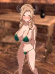  bikini bikini_top blonde_hair breasts brown_eyes dangle_earrings draph drill_hair earrings granblue_fantasy green_bikini highres horns jewelry large_breasts long_hair looking_at_viewer maria_theresa_(granblue_fantasy) nanashi_maru quad_drills sweat swimsuit 