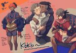  2boys age_difference alternate_costume black_pants blush brown_hair closed_eyes closed_mouth collared_shirt commentary_request dark_skin dark_skinned_male grey_hair gym_leader heart holding holding_newspaper hood hoodie interracial kabu_(pokemon) kiss knees long_sleeves male_focus multiple_boys newspaper nitaimoimo off_shoulder pants pokemon pokemon_(game) pokemon_swsh raihan_(pokemon) shirt shirt_lift short_hair short_sleeves shorts sitting sitting_on_lap sitting_on_person smile spread_legs standing sweatdrop translation_request undercut white_shirt yaoi 