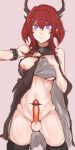  1girl arknights bare_shoulders black_legwear breasts cock_ring dress dress_lift erection futanari highres horns lifted_by_self long_hair looking_at_viewer masso_nullbuilt navel nipples penis purple_background purple_eyes red_hair sex_toy simple_background smile solo surtr_(arknights) testicles thighhighs uncensored 