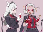  2girls belt black_belt black_jacket black_neckwear black_pants black_suit blush blush_stickers breasts clenched_hand collared_shirt commentary crossed_arms cup demon_horns demon_tail dress_shirt drinking_glass english_commentary fangs fingerless_gloves formal gloves hair_bun hairband helltaker highres holding holding_cup horns jacket jacket_on_shoulders justice_(helltaker) light_smile long_hair looking_at_another looking_down low-tied_long_hair lucifer_(helltaker) medium_breasts mixed-language_commentary multiple_girls necktie no_eyewear open_clothes open_jacket open_mouth pant_suit pants purple_background red_eyes red_gloves red_shirt shirt shirt_tucked_in shishima_eichi short_hair silver_hair simple_background smile sparkle spiked_hairband spikes suit tail teeth translated upper_body white_gloves wine_glass wing_collar 