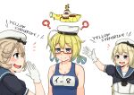  3girls ? blonde_hair blue_eyes breasts commentary_request dress glasses gloves hat i-8_(kancolle) janus_(kancolle) jervis_(kancolle) kantai_collection large_breasts low_twintails multiple_girls name_tag open_mouth red-framed_eyewear sailor_dress sailor_hat school_swimsuit semi-rimless_eyewear smile sweatdrop swimsuit takasugi_heppu the_beatles twintails under-rim_eyewear white_gloves 