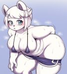  anthro bent_over blush breasts cleavage clothed clothing female fur hair hi_res mammal nipple_outline polar_bear pururing solo thick_thighs ursid ursine white_body white_fur white_hair 