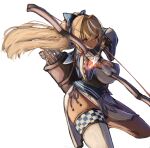  1girl absurdres arrow_(projectile) blonde_hair bow bow_(weapon) breasts cleavage cleavage_cutout clothing_cutout cowboy_shot dark_skin dark_skinned_female determined drawing_bow elf fighting_stance hair_bow high_ponytail highres holding holding_bow_(weapon) holding_weapon hololive hololive_fantasy inre_kemomimi knee_up large_breasts leg_up long_hair looking_at_viewer multicolored_hair panties pelvic_curtain pointy_ears purple_eyes quiver red_eyes shiranui_flare side-tie_panties side_slit simple_background single_thighhigh skindentation solo standing standing_on_one_leg streaked_hair thick_thighs thighhighs thighs underbust underwear virtual_youtuber weapon white_background white_legwear wide_sleeves 