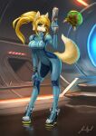  absurd_res alternate_species anthro arching_back bent_arm blaster blonde_hair blue_bodysuit bodysuit canid canine clothing extended_arm female fox fur furrification futuristic gun hair hand_on_knee hand_on_leg hand_on_own_knee hand_on_own_leg hand_on_own_thigh hand_on_thigh head_turned hi_res high_heels holding_knee holding_leg holding_object holding_thigh holding_weapon jecbrush leaning leaning_forward leaning_on_self light lighting looking_at_viewer mammal metroid nintendo painted pinup pose raised_arm raised_hand ranged_weapon rubber rubber_suit samus_aran science_fiction skinsuit straight_legs tight_clothing video_games weapon zero_suit 