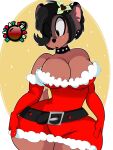  2019 absurd_res anthro belt big_breasts black_hair blush breasts brown_body brown_fur cervid christmas christmas_clothing cleavage clothed clothing collar curvy_figure digital_media_(artwork) ear_piercing female fur hair hands_on_hips hi_res holidays hourglass_figure huge_breasts inkit89 mammal mistletoe multicolored_body multicolored_fur one_eye_obstructed piercing plant simple_background solo tan_body tan_fur thick_thighs voluptuous wide_hips 