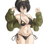  1girl avatar_(series) bare_shoulders black_hair black_panties blind bomber_jacket breasts cameltoe commentary cowboy_shot emblem feet_out_of_frame green_jacket hair_between_eyes hairband halterneck highres jacket long_sleeves medium_breasts navel panties rakeemspoon short_hair side-tie_panties simple_background solo string_bra string_panties the_legend_of_korra toph_bei_fong underwear white_background 