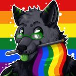  anthro black_body black_fur blep bust_portrait canid canine canis cute_fangs dragon eyewear flag fur glasses green_body green_eyes green_fur green_tongue hi_res holding_flag holding_object hybrid inner_ear_fluff lgbt_pride male mammal multicolored_body multicolored_fur outline portrait pride_colors rainbow_background rainbow_flag rainbow_pride_flag rainbow_symbol samadriel simple_background smile tongue tongue_out tuft voldrak white_outline wolf 