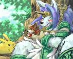  anthro blue_hair blush canid canine detailed_background eyes_closed felid feline female feral group hair humanoid_hands kemono lagomorph leporid low_res mammal mana_(series) plant rabbit sierra_(mana) sitting square_enix thumbnail tree utsuki_maito video_games weapon yellow_body 