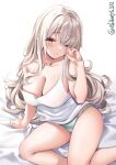  1girl aqua_panties bare_shoulders blonde_hair blush breasts cleavage collarbone cowboy_shot ebifurya eyebrows_visible_through_hair highres large_breasts long_hair looking_at_viewer on_bed one_eye_closed open_mouth original panties shirt simple_background sitting sleeveless solo thighs twitter_username underwear white_background white_shirt yawning yellow_eyes 