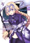  1girl armor banner blonde_hair blue_eyes braid breasts chain commentary_request english_text fate/apocrypha fate/grand_order fate_(series) flag gauntlets headpiece holding holding_weapon jeanne_d&#039;arc_(fate) jeanne_d&#039;arc_(fate)_(all) kaito_(collect_mania) long_braid medium_breasts open_mouth single_braid solo weapon 
