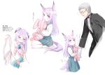  1boy 1girl age_difference animal_ears blush breath butler child doll_hug facial_hair glasses grey_hair horse_ears horse_tail light_purple_hair long_hair mejiro_mcqueen_(umamusume) multiple_views mustache no_shoes old old_man purple_eyes romi_(346_ura) simple_background socks stuffed_animal stuffed_bunny stuffed_toy tail translation_request umamusume white_background younger 
