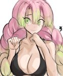  1girl bangs bare_shoulders black_bra bra breasts cleavage closed_mouth collarbone eyebrows_visible_through_hair gradient_hair green_eyes green_hair hair_between_eyes highres kanroji_mitsuri kimetsu_no_yaiba long_hair looking_at_viewer medium_breasts mole mole_under_eye multicolored_hair partially_unbuttoned pink_hair rakeemspoon signature simple_background sketch smile solo tri_braids underwear white_background 