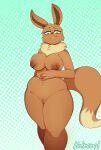  absurd_res anthro anthrofied big_breasts blush breasts eevee female genitals green_eyes hi_res hotkeke1 looking_at_viewer nintendo nipples pok&eacute;mon pok&eacute;mon_(species) pok&eacute;morph pussy solo squish thick_thighs thigh_squish video_games wide_hips 