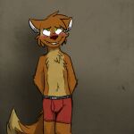  anthro blush boxer_briefs brown_background brown_body brown_fur bulge clenched_teeth clothing fur green_eyes hi_res looking_up male matt_riskely red_boxer_briefs simple_background solo teeth teeth_showing tinydeerguy underwear wall_(disambiguation) 