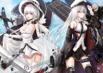  2girls aircraft airplane anchor_symbol azur_lane bald_eagle bare_shoulders biplane bird black_coat black_legwear black_ribbon black_skirt blue_sky breasts cleavage clip_studio_paint_(medium) cloud coat detached_collar dress eagle elbow_gloves enterprise_(azur_lane) eyebrows_visible_through_hair f4u_corsair flight_deck garter_straps gloves gold_trim grey_eyes hair_between_eyes hair_ribbon hat highres illustrious_(azur_lane) lace-trimmed_dress lace-trimmed_headwear lace_trim large_breasts long_hair looking_at_viewer miniskirt multiple_girls open_clothes open_coat open_mouth peaked_cap ribbon rigging sapphire_(gemstone) see-through see-through_dress shirt shumeia skirt skirt_hold sky sleeveless sleeveless_dress sleeveless_shirt spitfire_(airplane) strapless strapless_dress swordfish_(airplane) thighhighs very_long_hair white_dress white_gloves white_hair white_headwear white_legwear zettai_ryouiki 