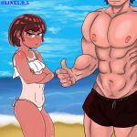  1boy 1girl absurdres beach bikini bikini_top breasts brown_hair bust_chart cameltoe dark_skin dark_skinned_female flat_chest highres linx505 medium_breasts muscular muscular_male navel original self_upload shiny shiny_skin short_hair sky small_breasts swimsuit tan 