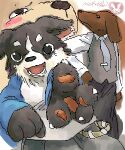  black_body black_fur black_nose bottomwear brown_body brown_fur canid canine canis clothing digital_media_(artwork) domestic_dog fur group kemono low_res mammal oekaki pants paws shirt topwear utsuki_maito white_body white_fur 