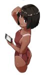  absurdres adjusting_hair bangs black_eyes black_hair bob_cut cellphone collarbone competition_swimsuit cropped_legs dark_skin dark_skinned_female from_above hand_on_own_head highres holding holding_phone looking_at_viewer looking_to_the_side looking_up one-piece_swimsuit original phone red_swimsuit sametogoreijou short_hair simple_background smartphone smile swimsuit tan tanline tanline_peek white_background 