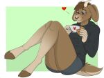  acequorthon anthro banzai.puppy blue_eyes bottomwear bovid brown_body brown_fur brown_hair caprine clothing cloven_hooves cookie floppy_ears food fur goat hair hi_res hoodie hooves horn male mammal one_eye_closed shorts simple_background sitting solo thick_thighs topwear 
