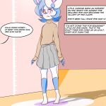  2021 anthro blue_hair bottomwear child clothed clothing digital_media_(artwork) eeveelution eyebrows female footwear hair hi_res inside jasmine_(jaspixie) jaspixie mammal nintendo pink_eyes pok&eacute;mon pok&eacute;mon_(species) shiny_pok&eacute;mon skirt socks solo speech_bubble sylveon text video_games white_body white_clothing white_footwear white_socks young 