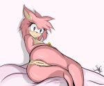  absurd_res amy_rose anthro bodily_fluids breasts butt female genitals hi_res nude pink_body pussy simple_background smile solo sonic_the_hedgehog_(series) thick_thighs video_games yzyhet 