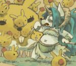  anthro blue_hair canid canine clothed clothing duo female feral fur group hair kemono lagomorph legend_of_mana leporid low_res mammal mana_(series) navel rabbit square_enix utsuki_maito video_games yellow_body yellow_fur 