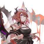  1girl arknights bare_shoulders clay clay42 demon demon_girl demon_horns dress highres horns kneehighs long_hair looking_at_viewer purple_eyes red_hair solo surtr_(arknights) 