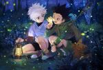  2boys :o black_hair blue_eyes blurry bokeh boots brown_eyes bug butterfly_net creature depth_of_field fireflies forest full_body glowing gon_freecss green_jacket hand_net hand_up hat holding hunter_x_hunter insect jacket killua_zoldyck lantern male_focus multiple_boys nature night open_mouth plant scenery shirt short_hair shorts smile spiked_hair squatting tree tree_branch white_background white_shirt yud79317724 