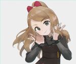  1girl bangs black_dress black_eyes blush bow breasts brown_hair closed_mouth commentary dress eyebrows_visible_through_hair grey_background hair_bow hands_up happy head_tilt highres kikuyoshi_(tracco) light_blush long_hair long_sleeves looking_at_viewer playing_with_own_hair pokemon pokemon_(game) pokemon_masters_ex ponytail red_bow serena_(pokemon) shiny shiny_hair sidelocks simple_background small_breasts smile solo standing swept_bangs tied_hair upper_body 