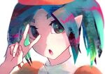  +_+ 1girl character_doll daydreamkazooma green_eyes hat highres looking_at_viewer monogatari_(series) ononoki_yotsugi open_mouth tsukimonogatari twintails v 