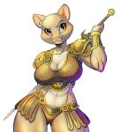 2021 alpha_channel anthro armor big_breasts breasts chochi cleavage clothed clothing domestic_cat felid feline felis female fur hi_res huge_breasts mammal melee_weapon simple_background smile solo sword tan_body tan_fur transparent_background unconvincing_armor weapon yellow_eyes 