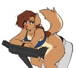  anthro big_breasts biped blue_eyes bodily_fluids bottomless bottomless_female bra breasts brown_body brown_fur brown_hair brown_tail canid canine canis clothed clothing curvy_figure domestic_dog exercise exercise_bike female floppy_ears fur hair hi_res mammal midriff open_mouth pink_nose ponytail raised_tail red_nose rhoda_(faizenek) simple_background solo sweat the_dogsmith thick_thighs underwear voluptuous white_background wide_hips 