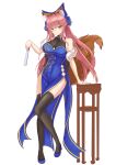  1girl absurdres animal_ear_fluff animal_ears artist_request black_legwear blue_ribbon blush breasts cleavage collarbone elbow_gloves eyebrows_visible_through_hair fan fate/extella fate/extra fate/extra_ccc fate/grand_order fate_(series) fingerless_gloves fox_ears fox_girl fox_tail fur_trim gloves hair_ribbon hand_on_hip highres large_breasts looking_at_viewer open_mouth pink_hair ribbon simple_background solo tail tamamo_(fate)_(all) tamamo_no_mae_(fate) white_background yellow_eyes 