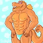  abs anthro biceps bikini blue_background charvaargh clothing dragon facial_hair fire glowing hi_res humanoid male mario_bros muscular nintendo nipples orange_body pattern_background pecs quadriceps scales scalie simple_background snout solo spiked_tail spikes spikes_(anatomy) standing swimwear trckqstn triceps video_games wings 
