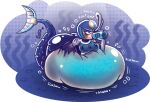  2019 armor belly beverage big_belly blue_background blue_clothing breasts butt capcom clothing female headgear helmet lying marine megaman_(classic) merfolk on_front overweight overweight_female robot_master simple_background solo sound_effects splash_woman text unknown_artist video_games 