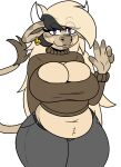  anthro belly big_breasts bottomwear bovid bovine breasts cattle cleavage clothed clothing darkwolfhybrid delilah_(darkwolf) female gesture hi_res horn huge_breasts mammal navel pants slightly_chubby solo sweater thick_thighs topwear waving wide_hips 