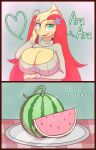  &lt;3 absurd_res anthro ara_ara big_breasts blush breasts cleavage_cutout clothing female food freckles fruit green_eyes hi_res huge_breasts looking_at_viewer marine melon mila_(snackbunnii) milotic nintendo open_mouth plant pok&eacute;mon pok&eacute;mon_(species) smile snackbunnii solo sweater topwear video_games watermelon 