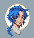  1boy bangs beeryani blue-haired_boy_(how_to_draw_manga) blue_eyes blue_hair blush doodle happy highres how_to_draw_manga looking_at_viewer male_focus ponytail simple_background sketch sketching smile solo spiked_hair tied_hair twitter twitter_username upper_body 