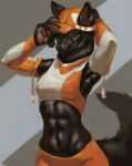  abs anthro black_body black_fur breasts canid canine canis clothing domestic_dog female fluffy fluffy_tail fur hat headgear headwear hi_res looking_at_viewer mammal midriff muscular muscular_anthro muscular_female nails navel navel_piercing piercing sleeves smile solo wobishk 