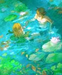  1boy 1girl abs absurdres artist_name bangs bare_arms blonde_hair braid collarbone earrings from_above hair_ornament hairclip highres jewelry lily_pad link long_hair looking_at_another partially_submerged pointy_ears princess_zelda shirtless short_hair short_ponytail swimming the_legend_of_zelda the_legend_of_zelda:_breath_of_the_wild underwater viktoria_ridzel water 