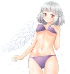  1girl arnest bangs bikini blush braid breasts breasts_apart collarbone commission expressionless eyebrows_visible_through_hair grabbing_own_breast grey_hair groin highres kishin_sagume looking_at_viewer medium_breasts navel purple_bikini purple_swimsuit red_eyes short_hair single_wing skeb_commission swimsuit thigh_gap thighs touhou water_drop wet white_background wings 