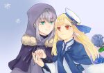  2girls alternate_costume bangs beret black_capelet blonde_hair blue_capelet blue_flower capelet closed_mouth commentary_request eyebrows_visible_through_hair fate_(series) flower fur-trimmed_capelet fur_trim gradient gradient_background gray_(fate) green_eyes grey_flower grey_hoodie hat hat_flower highres holding_hands hood hood_up hoodie long_hair long_sleeves looking_at_another lord_el-melloi_ii_case_files multiple_girls red_eyes reines_el-melloi_archisorte rose satou_usuzuku shiny shiny_hair short_hair smile snowflake_print tilted_headwear upper_body white_headwear wide_sleeves 