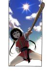  1girl black_hair blue_sky brown_eyes chinese_clothes cloud cyrano fighting_stance from_below hair_bobbles hair_ornament highres holding holding_polearm holding_weapon long_hair low_twintails open_mouth original outside_border polearm sky solo sun twintails weapon wide_sleeves 