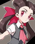  1girl brown_hair closed_mouth collared_shirt etsuko_pkmn gym_leader hair_pulled_back highres looking_at_viewer necktie one-hour_drawing_challenge pokemon pokemon_(game) pokemon_oras red_eyes ribbon roxanne_(pokemon) shirt short_sleeves simple_background solo twintails upper_body 