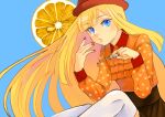  1girl :o ascot bangs blonde_hair blue_eyes brown_skirt commentary_request dress eyebrows_visible_through_hair fate_(series) hat holding knee_up long_hair looking_at_viewer lord_el-melloi_ii_case_files nail_polish orange_shirt painting_nails pleated_skirt polka_dot polka_dot_dress red_headwear red_nails reines_el-melloi_archisorte satou_usuzuku shiny shiny_hair shirt shirt_tucked_in sitting skirt solo thighhighs unmoving_pattern white_legwear 