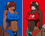  anthro athletic athletic_anthro athletic_female big_breasts big_butt bottomwear bra breasts brown_body brown_fur butt canid canine ceschi ceschi_(ceschi) clothed clothing crossgender digital_media_(artwork) domestic_ferret duo dyed_(dyed) female female/female fur hair hi_res looking_at_viewer mammal mtf_crossgender muscular muscular_anthro mustela mustelid musteline nintendo nintendo_switch open_mouth playstation playstation_4 raccoon_dog shorts simple_background skinny smile sony_corporation sony_interactive_entertainment sony_pictures sports_bra sportswear standing tanuki thick_thighs topwear true_musteline underwear video_games wide_hips 