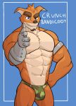  2021 abs activision anthro armband bandicoot beard bulge camo character_name clothing crash_bandicoot_(series) crunch_bandicoot facial_hair gesture hand_on_hip hi_res jrjresq looking_at_viewer male mammal marsupial muscular muscular_anthro muscular_male navel pecs pinup pointing pointing_at_viewer pose prosthetic prosthetic_arm prosthetic_limb smile solo standing thong underwear video_games 
