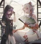  2girls arknights blindfold china_dress chinese_clothes demon_girl demon_horns dress fan highres hood horns long_hair looking_at_viewer multiple_girls nian_(arknights) nian_(unfettered_freedom)_(arknights) one_eye_covered ponytail purgatory_(arknights) purple_eyes purple_hair suyama_kara tail white_hair 